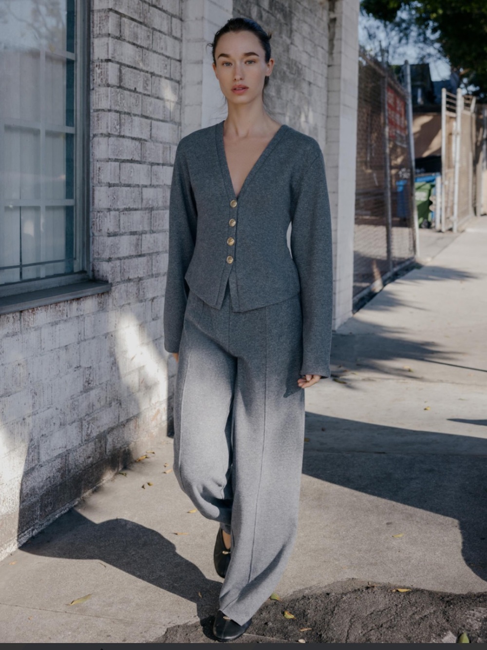 Zara Heather Gray Knit Wide-Leg Pants with Matching Button Cardigan Set Small